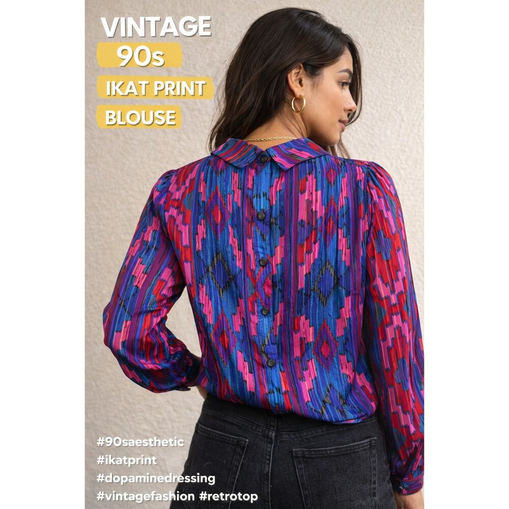 Vintage 90s Ikat Print Blouse Bright Pink Blue Button Back Size 12